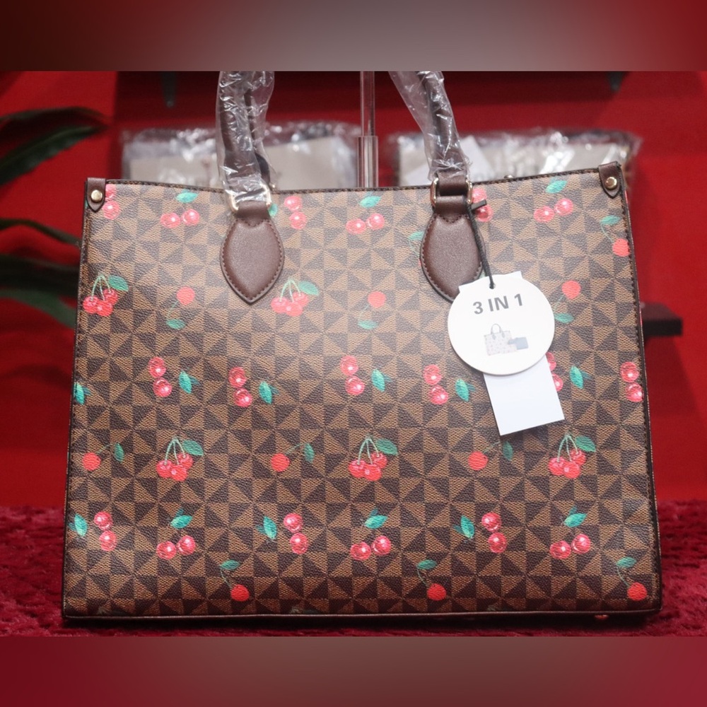 Cherry Patterned Brown Tote Bag